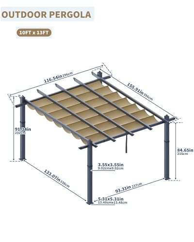 Image of KYBOLT 10x13 Ft Aluminum Pergola with Retractable Canopy Metal Gazebo for Garden Modern Backyard Deck Grape Trellis(Khaki)