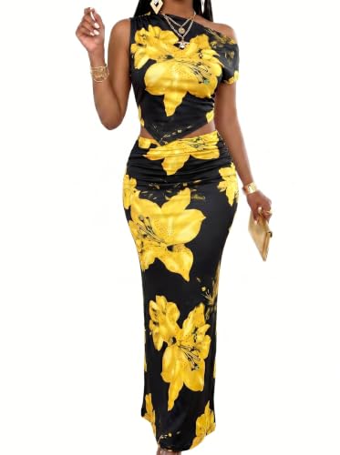 Image of BARASA Two Piece Sets For Women Summer Vacation Sexy Bodycon Outfits DS75 | Elegant Asymmetrical One Shoulder Crop Top And Ruched High Waist Long Maxi Skirt Set For Women Summer Vacation