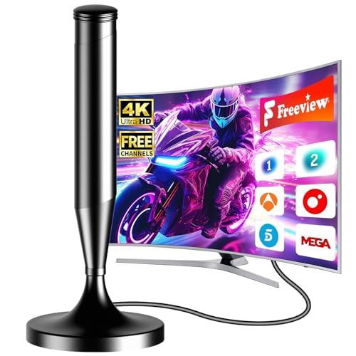 Antena de TV Interior 2025 – Antena Digital para Smart TV, Base Magnética Fuerte, Alcance de 480 Km, Compatible con 4K 1080P, Cable Coaxial de 5m, para Freeview y Canales Locales
