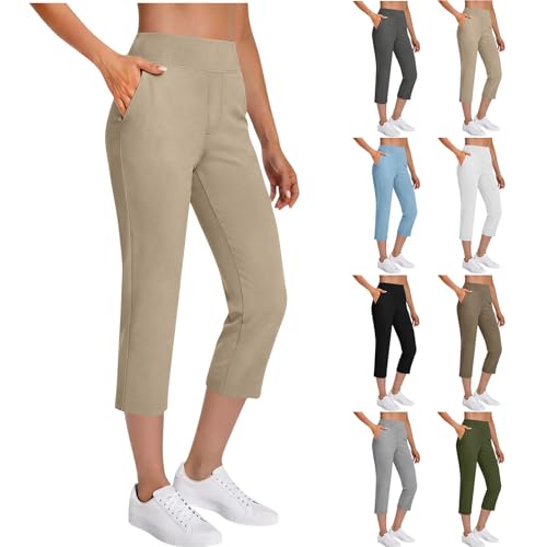Golf Pants Women Capris For Summer, Capri Pants For Women With Pockets 7/8 High Waisted Stretch Pull On Ankle Business Casual Travel Athletic Work 01 Beige X-Large