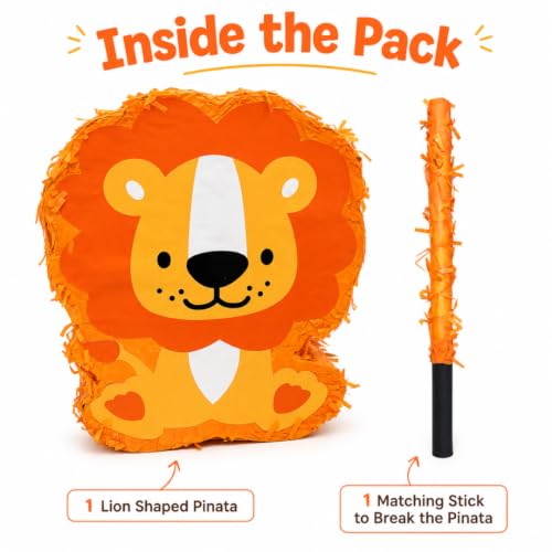 Image of Wanna Party Lion Shaped Pinata with Stick for Kids Birthday Party, Jungle Safari Animal Pinata Khoi Bag, Candy Fillable for Jungle Theme Birthday Decoration