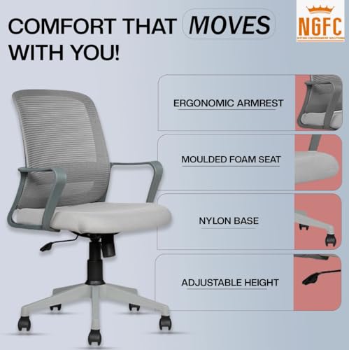 Image of NGFC Mesh Mid Back Ergonomic Work from Home Office Desk Chair, Study Chair, Revolving Chair, Computer Chair, Ergonomic Lumbar Support, Tilt Lock Mechanism (2, Grey)