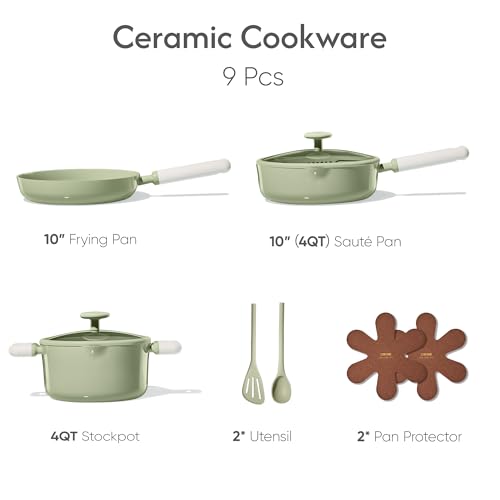 Image of CAROTE Pots and Pans Set Nonstick, Ceramic Cookware Set, Green Cooking Set Kitchen Induction Set with Steamer, PFAS PTFE Free,9 Piece