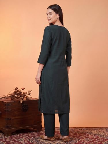 Image of INDO ERA Women's Silk Blend Floral Embroidered Thread Work Kurta & Pant with Dupatta Set