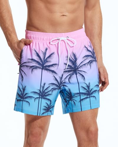 SILKWORLD Mens Swim Trunks with Compression Liner 5.5 Inseam Bathing Suit with Zipper Pockets, Pink Blue Coconut Tree, X-Large4