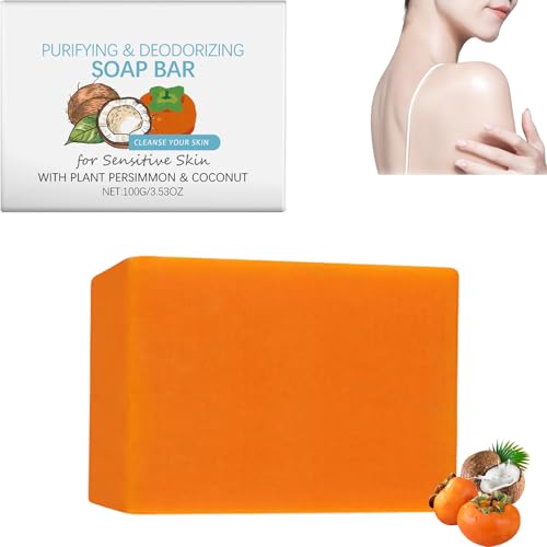 Jabón de ducha de coco con caqui, desodorante natural, jabón hecho a mano contra el olor corporal, jabón de glicerina hidratante, limpieza suave para mujeres y hombres, 100 g de jabón de baño vegano