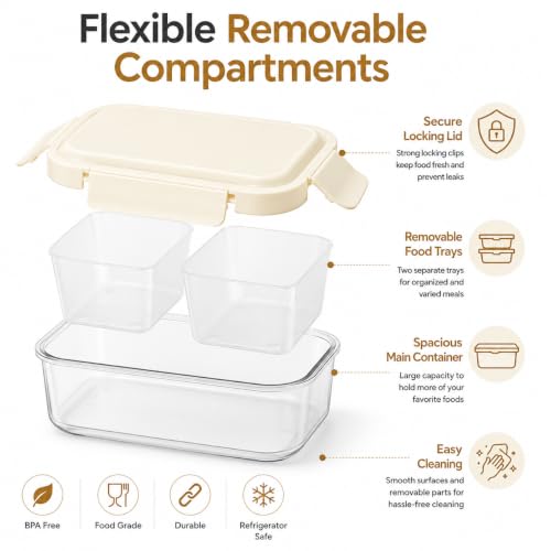 Image of Vasukie 2-Compartment Meal Prep Container with Airtight Locking Lid - with Removable Cups for Meal Prep, Fruits, Nuts & Side Dishes, BPA-Free Clear Plastic (700ML)