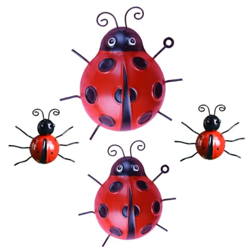 Mariquitas de hierro decorativas para pared exterior y jardín, pack de 4 figuras rojas