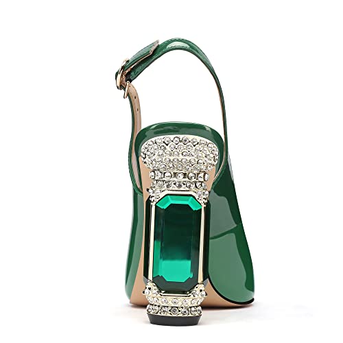 Image of JANSEVEN Women Chunky Heels Pumps Crystal Block Heels with Rhinestones Pointed Toe Sexy Gradient Patent Leather Slip on Bridal Party Wedding Dress Shoes 5-13 M US