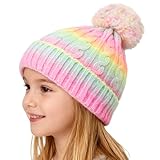 Toddler GILR Winter Hat, Cute Rainbow Hat with Pom Kids Fleece Lined Beanie Hats for Girls 4-9 Year