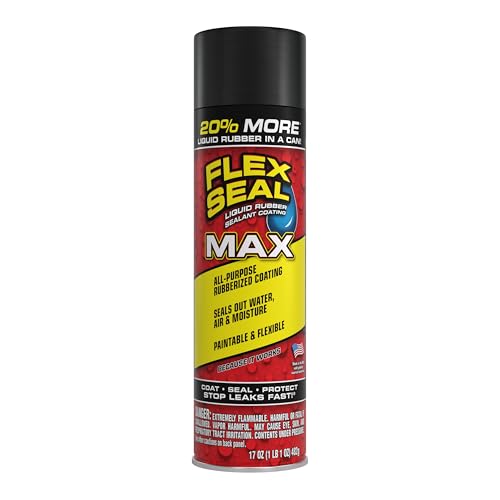 Flex Seal MAX 17 oz 1-Pack Black Stop Leaks Instantly Waterproof Rubber Spray On Sealant Coating Perfect for Gutters Wood RV Campers Roof Repair Skylights Windows and More
