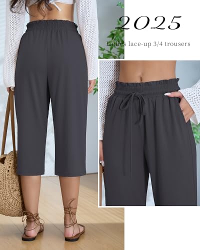 Neer 3 Pack Capri Pants for Women Cotton High Waisted Wide Leg Cropped Trousers Drawstring Ruffled Palazzo with Pockets3