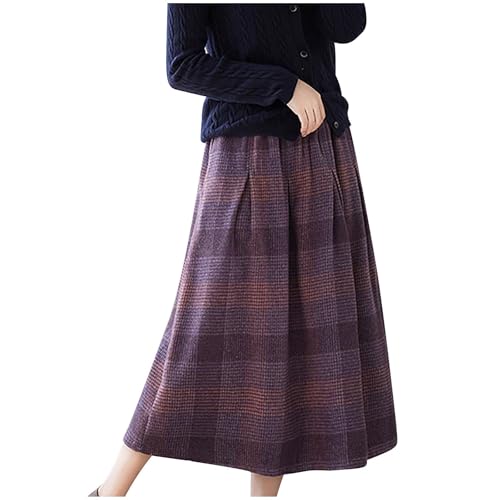 Womens Plaid Skirts Elastic Waist A-Line Pleated Tartan Long Skirts 2025 Fall Winter Retro Woolen Plaid Skirt