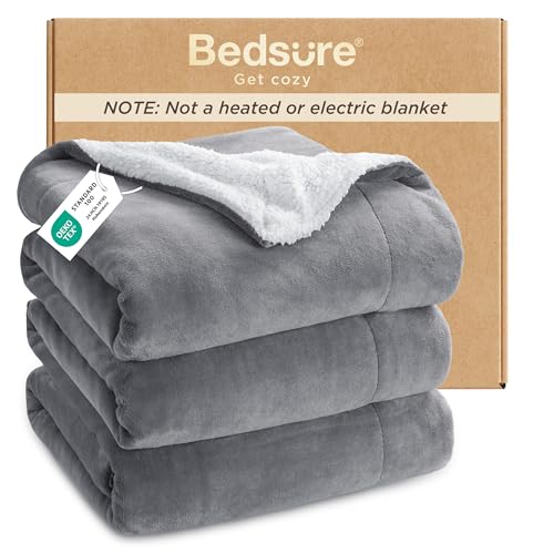 Bedsure GentleSoft Sherpa Fleece Queen Blankets for Bed, Non-Heated, Thick and Warm Throw for Women and Men, Soft Fuzzy Plush Queen Blanket for Winter, Grey, 90x90 Inches