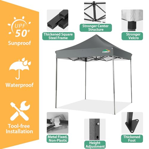 Image of COBIZI 6.6x6.6 Pop Up Canopy Tent No Sidewalls,Heavy Duty Canopy,Gray
