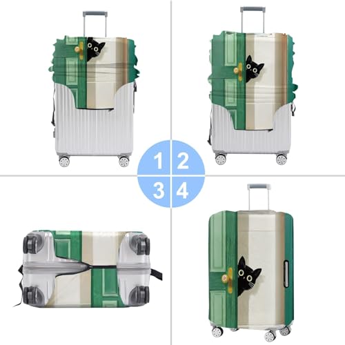Image of Black Cat Peeking Door Luggage Cover - Stretchable Travel Suitcase Protector for 32-34 Inch Luggage - Whimsical Green Door and Beige Wall Design,XL