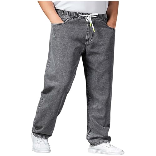 Mens Fashion Classic Jeans Elastic Waist Drawstring Denim Pants Casual Loose Straight Legs Trousers with Pockets