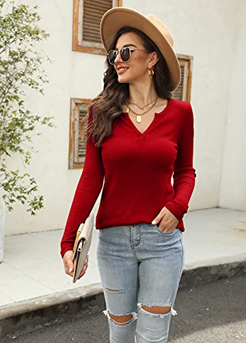 Image of Farktop Womens Long Sleeve Tops Henley V Neck Lightweight Pullover Sweaters