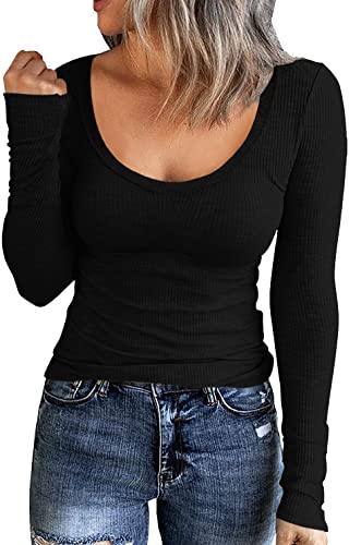 Roselux Women Long Sleeve Scoop Neck Ribbed Fitted Knit Shirt Basic T-Shirts