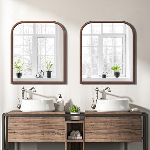 Image of 28 inchx32 inch Arch Wall Mirror for Wall, Wall Mounted Vanity Mirror for Bedroom, Wood Grain Finish Frame Mirror with Tempered Glass, Vintage Decorative for Bathroom, Entryway, Living Room, Walnut