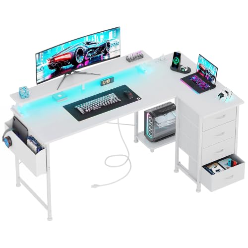 Image of VERMESS 63 inch Reversible L Shaped Gaming Computer Desk, Corner Desk with Power Outlets & Monitor Stand, Writing Study Table with 4 Storage Drawers, Desk with LED Lights, White