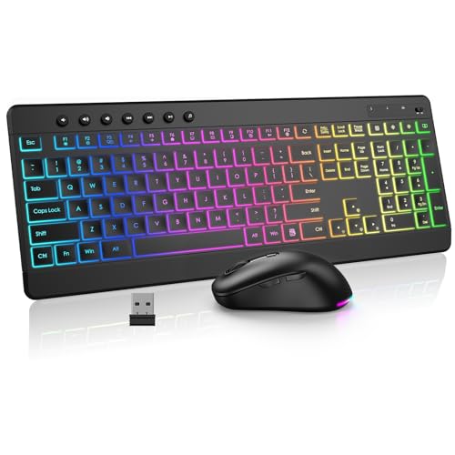 EDJO Wireless Keyboard and Mouse Combo, 10 Backlit Effects, Rechargeable 2.4GHz Silent Full-Size...