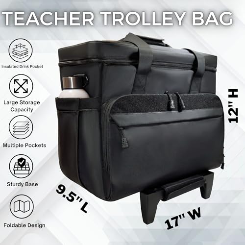 Image of Rolling Teacher Tote Bag with wheels and Laptop Compartment, Wheeled Teacher Bag for Teaching, Detachable Trolley, Office, Craft, Black