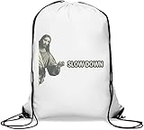 Bolsa de gimnasio con diseño de Jesucristo con texto en inglés 'Slow Down', color blanco, White, Talla única