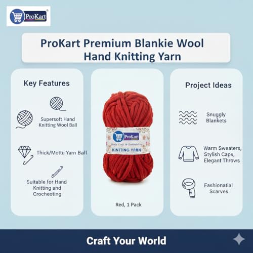Image of ProKart Premium Blankie Wool, Plush & Cuddly, Chenille Yarn Supersoft Hand Knitting Wool Ball | Blanket Thick /Mottu Yarn Ball Suitable for Hand Knitting and Crocheting for Baby, Adult, Sweaters, caps, Throws, Home Furnishing, Scarves, Blankets (Red, 100gms x 2 Pack)