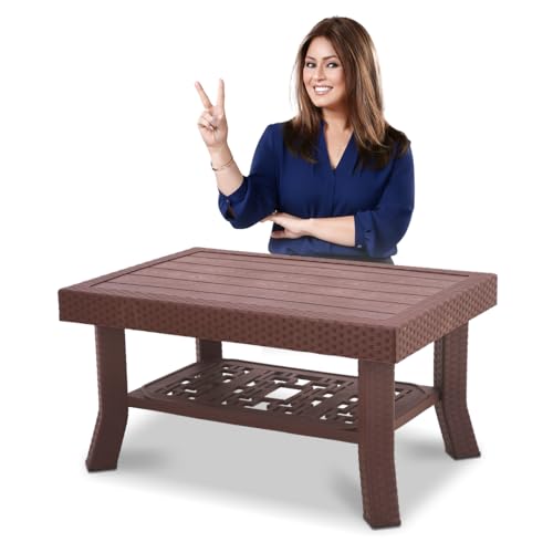 Image of Maharaja Double Top Center Table with Wooden Texture Finish | Heavy Duty Plastic Multi-Utility Table with Storage Shelf | Load Capacity up to 200 kg | for Living Room, Office & Dining Area (Brown.)