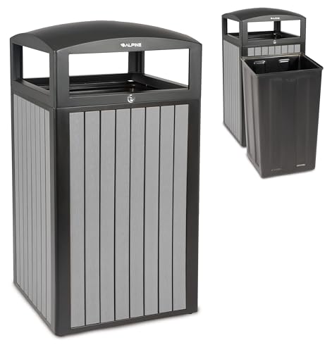 Image of Alpine 40 Gallon Commercial Outdoor Trash Can with Lid - Modern Heavy Duty Large Outdoor Garbage Can with Durable Plastic Bin, Slatted Recycled Plastic Panels for Patio, Parks, Trails & Resorts (Grey)