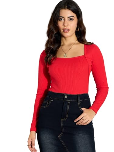 Image of SASSAFRAS Women's Slim Fit Full Sleeves Rib Square Neck Ribbed Basics - Casual Ribbed T-Shirt Tops