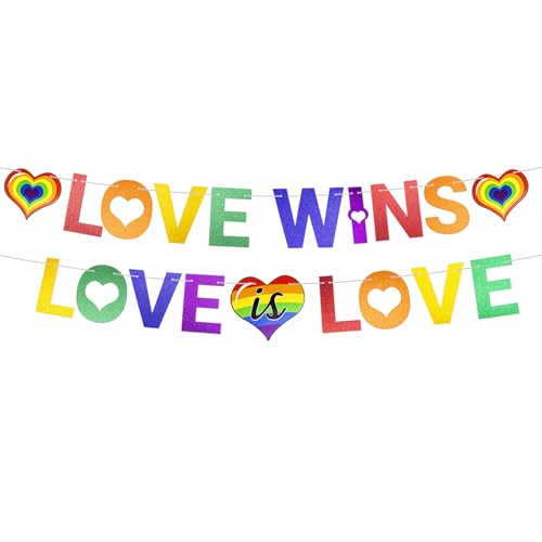 Rainbow Pride Bunting Banner, Love is Love Gay Pride Flag Banner Colorful LGBT Bunting for Pride Month Party Celebration Outdoor Parade Decorations A7CHJLQ
