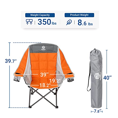 Coastrail Outdoor Camping Chair Oversized Padded Folding Quad Arm Chairs with Lumbar Back Support, Cooler Bag, Cup Holder & Side Pocket, Extra Head Pocket, Supports 400 lbs (Modern, Orange)