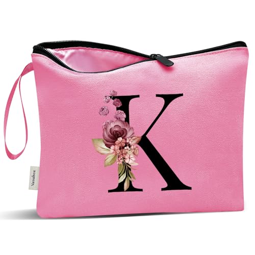 Image of Vavabox A-Z Personalized Makeup Bag, Birthday Gifts for Women Mom, Gifts for Best Friend, Bride Bridesmaid Cosmetic bag (K, Peach)