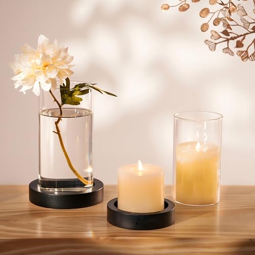 NUPTIO Farol de Cristal y Madera: Set de 2 Faroles Cilindro Negro Grandes, Portavelas para Decoración de Mesa de Comedor, Navidad