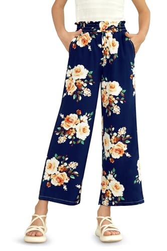 Image of Girls Summer Floral Wide Leg Pants High Waisted Flowy Dress Trousers with Pockets for School Lounge Beach 5-14 Years