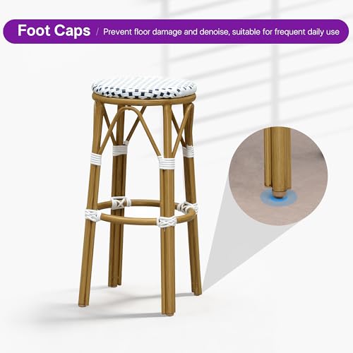Image of PURPLE LEAF Outdoor Round Bar Height Stool Set of 2 Patio Backless Barstools Aluminum Frame in Bamboo Finish with White & Blue Woven Rattan for Indoor Kitchen Dining Bistros Cafe Restaurant