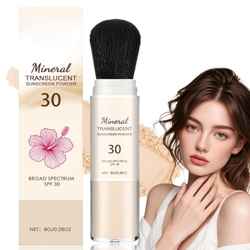 Mineral Powder Sunscreen with Brush,SPF 30 P/owder S/unscreen for Face,Po/wder Sunscreen for Scalp,Loose Face Pow/der Translucent,Fine Powder,Natural Ingredients,Suitable for All Skin,Easy to Use
