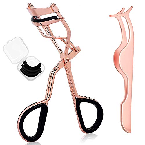 Eyelash Curler Stainless Steel Eyelash Curler with 5pcs Silicone Refill Pads and Eyelash Tweezer Professional Lashes Curler Set Fits Various Eye Shape