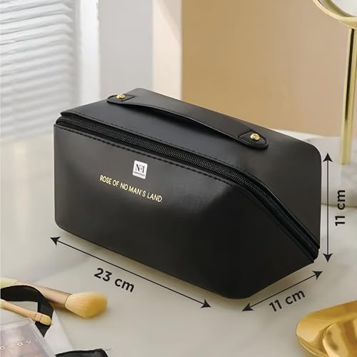 Image of NFI essentials Cosmetic Travel Organizer Bag, Women's Makeup Pouch Toiletry Bag Portable Leather Wide Opening Cosmetics Bag with Handle and Divider