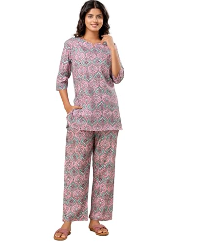 PATALIYA Cotton Floral Printed Night Suit Night Pyjama and Top Set Nightwear for Women (Pink-01,X-Large)