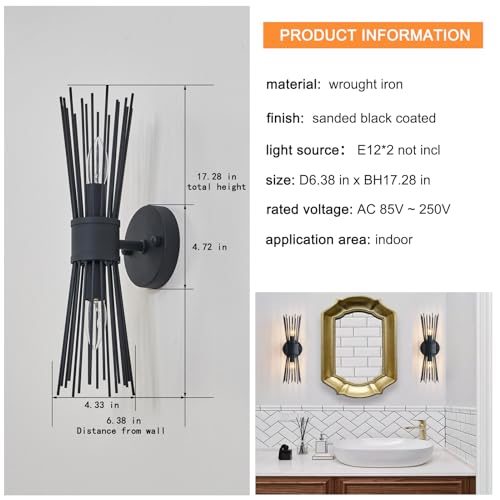 Image of Modern Black Wall Sconce 17 Inch Metal Wall Mounted Lamp Indoor Wall Light for Kitchen Bedroom Living Room Dinning Room Foyer Entry Bathroom Hallway E12 Bulb Socket