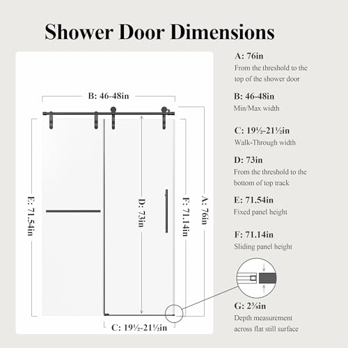 Image of 46-48 inch W x 76 inch H Frameless Sliding Shower Door, Safety Bathroom Single Sliding Glass Doors with 5 /16 inch (8mm) SGCC Tempered Glass, Stainless Steel Towel Rail and Auxiliary Handle, Matte Black
