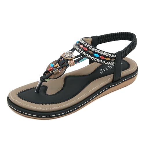 Womens String Bead Casual Elastic Band Bohemian Beach Shoes Sandals Elastic Ankle Strap Low Wedges Sandals Rhinestone Cute Sandal Dressy Flats