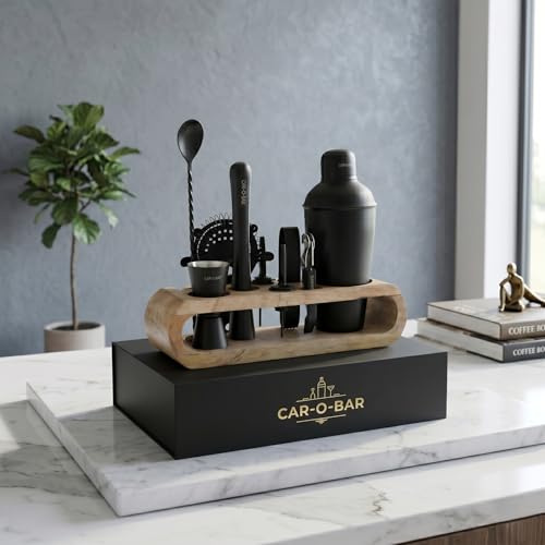 Image of Car-O-Bar Black Bar kit with Stand | Bar Set for Home - 10 Piece Bartender Kit :Cocktail Shaker, Bar Spoon, Jigger, Muddler, Strainer, Wine & Beer Bottle Opener, 2 Pourers,Tong, Wooden Stand