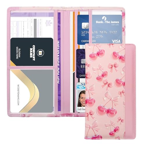 FinestHouse Car Registration and Insurance Holder with Magnetic Closure, Universal Document Organizer for License, Insurance Cards & Glove Box Storage (Cherry-Pink)