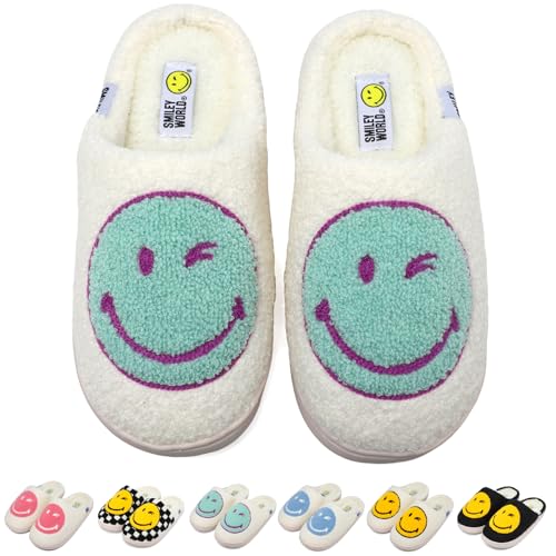 SmileyWorld Smile Face Slippers for Women Men Soft Plush Memory Foam Non-Slip Fuzzy House Shoes Warm Retro Happy Slip-On for Indoor Outdoor