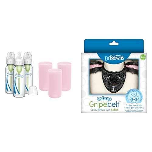 Dr. Brown's Anti-Colic Options+ Narrow Glass Baby Bottles 8oz and Level 1 Slow Flow Nipple, 3-Pack 0m+ and Pink Silicone Sleeves and Gripebelt Heated Belly Band, Lamb