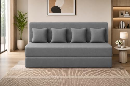 Image of Los Angeles Foldable Four Seater Sofa Cum Bed, Sofa Bed 6 X 6 Feet Jute Fabric Washable Cover Including 4 Cushion Perfect for Living Room & Office Guest Room - Grey Color